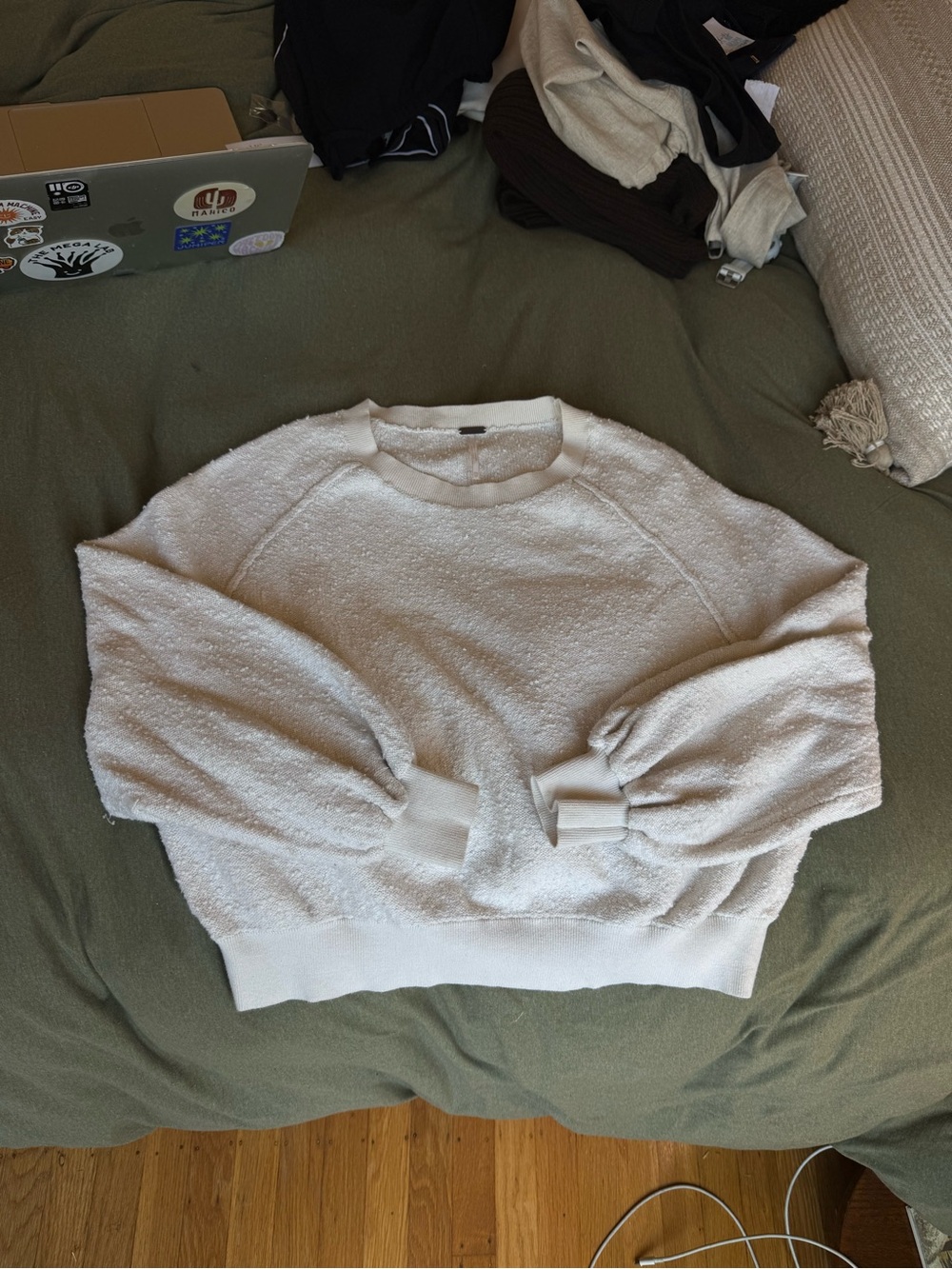 Free People Cream Textured Balloon-Sleeve Crewneck Sweater